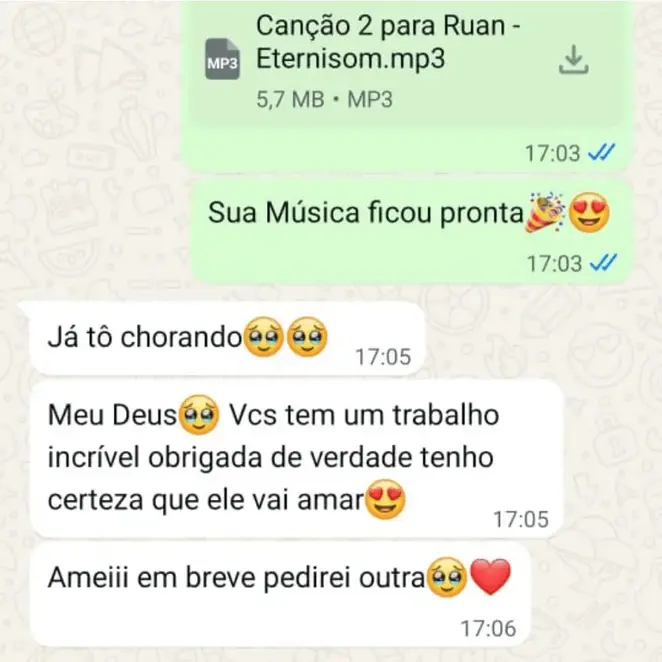 Print de conversa no WhatsApp sobre a música Ruan Meu Amor