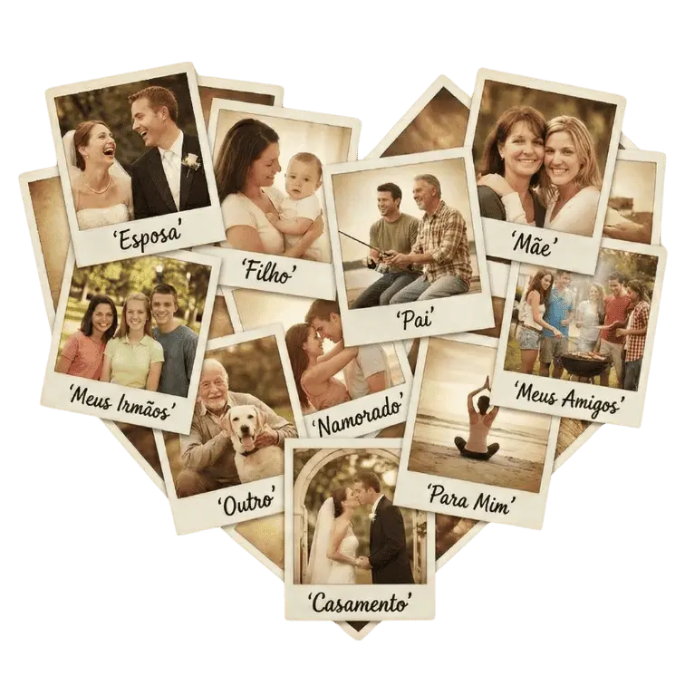 Mosaico em forma de coração com fotos de clientes homenageados